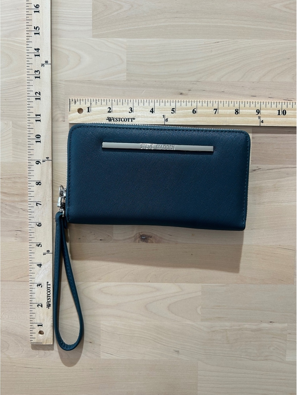 Steve Madden Saffiano Dark Green Zip-Around Wristlet Wallet